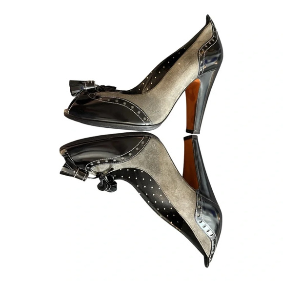 Moschino Italy Black & Gray Suede Leather Peep Toe Pumps Women’s Size 6.5 - Picture 5 of 9